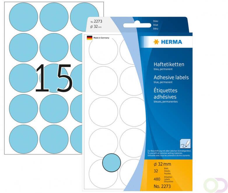 Herma Multipurpose-etiketten Ã 32 mm rond blauw permanent hechtend om met de hand